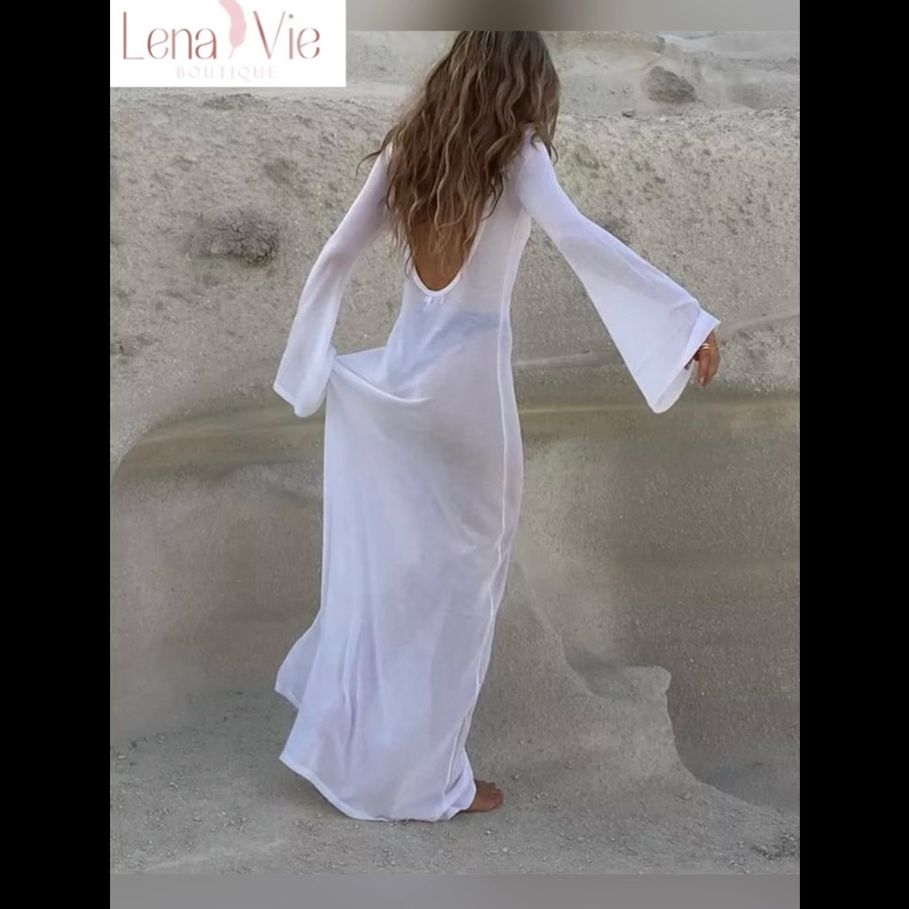 Palm Desert Semi Sheer Long Maxi Dress, Summer Bikini Bell Sleeve Coverup Maxi